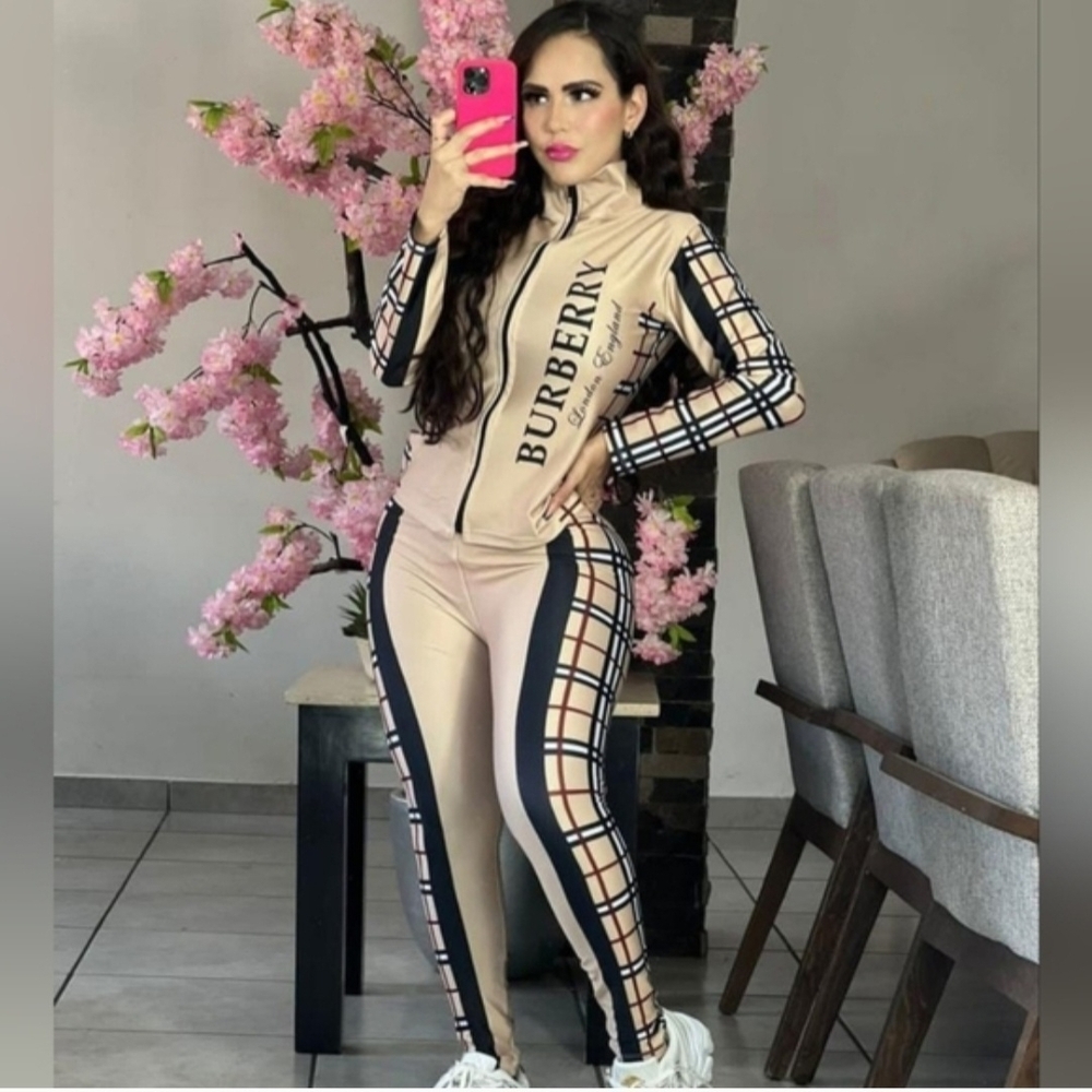 Beige and Black Plaid Jogger Set